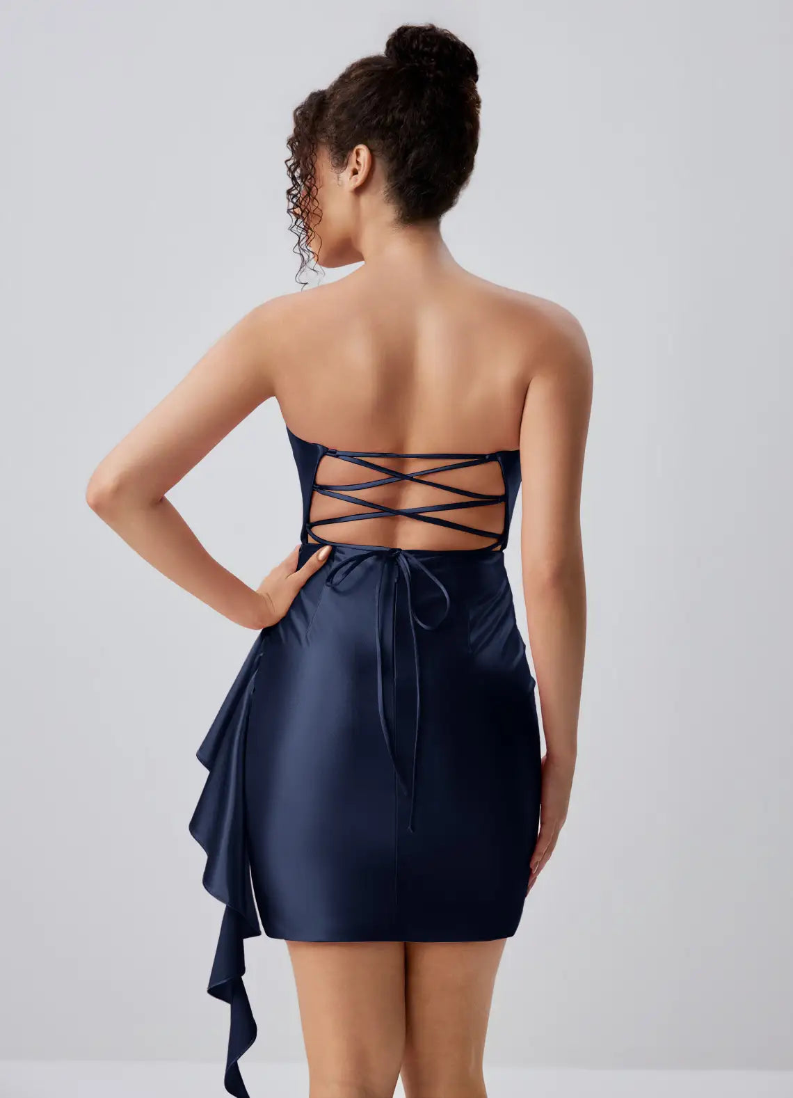 Elegant Bodycon Strapless Ruffled Ruched Navy Mini Homecoming Dress Women's Gown