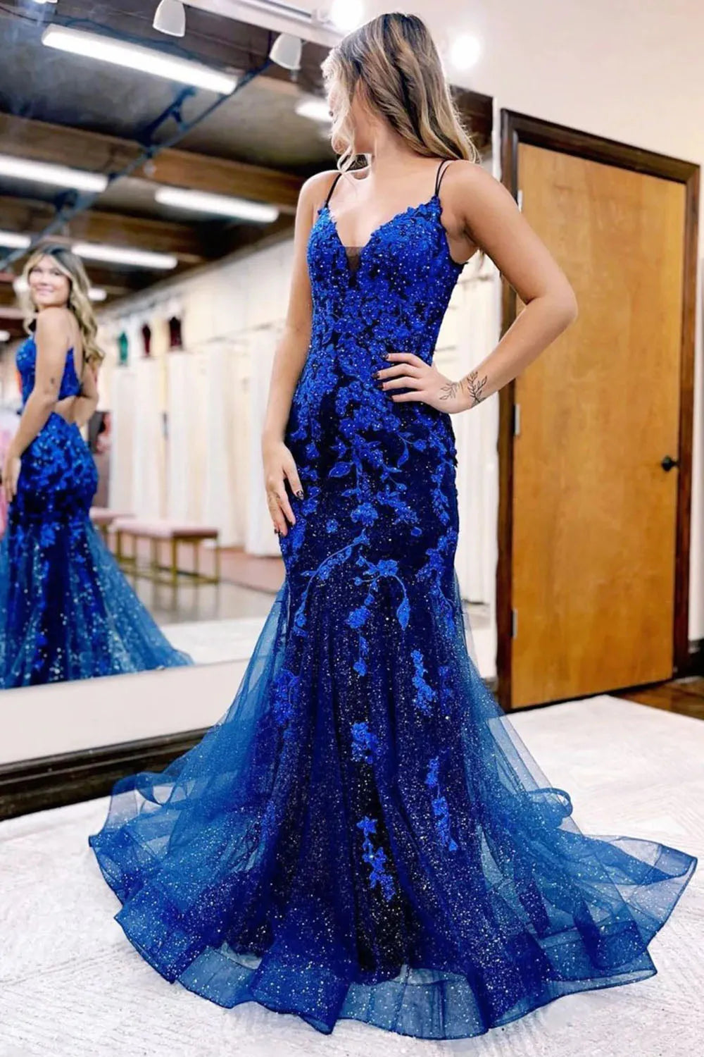 Mermaid Spaghetti Straps Long Prom Dress with Appliques