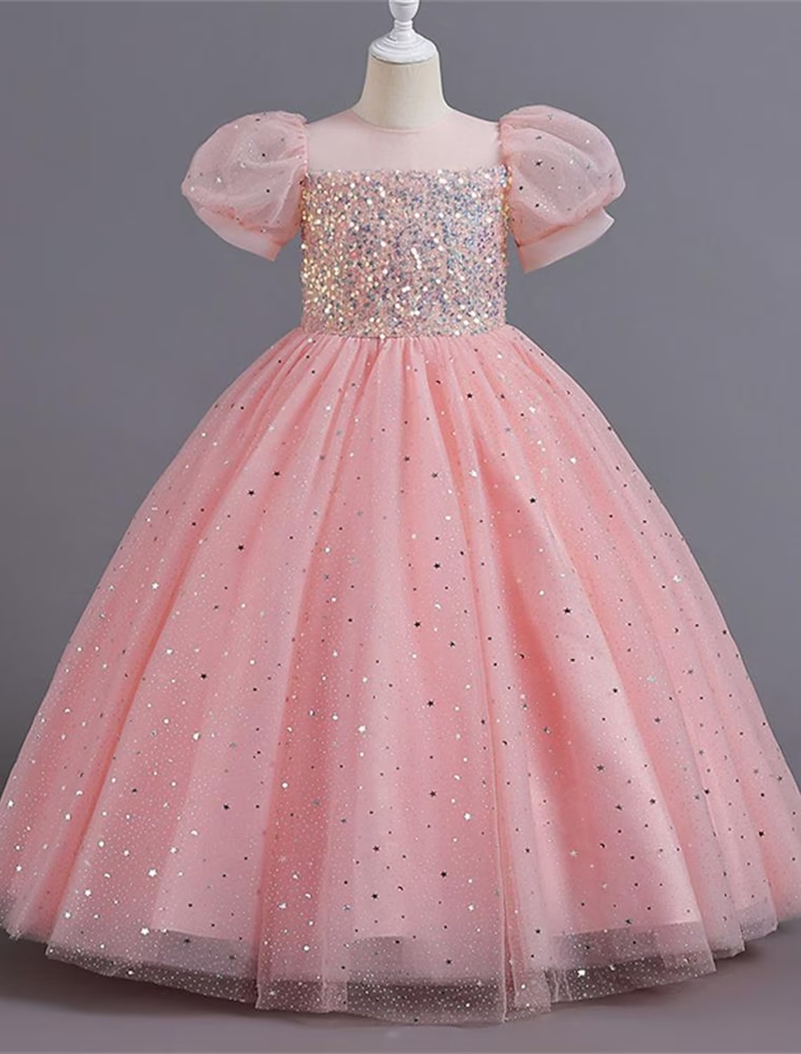 Kids Girls' Party Dress Solid Color Flower Short Sleeve Performance Wedding Sequins Elegant Princess Polyester Maxi Tulle Dress Summer Spring 4-13 Years Multicolor White Pink