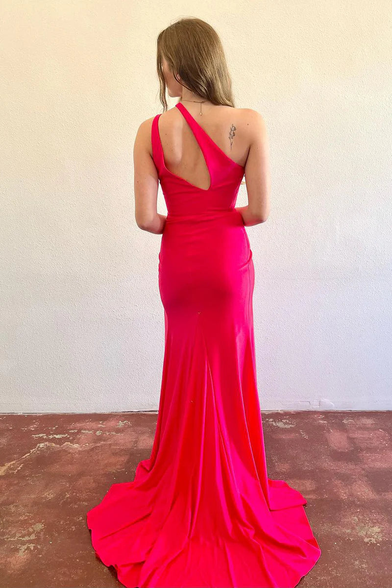 Mermaid One Shoulder Red Satin Slit Long Prom Dresses
