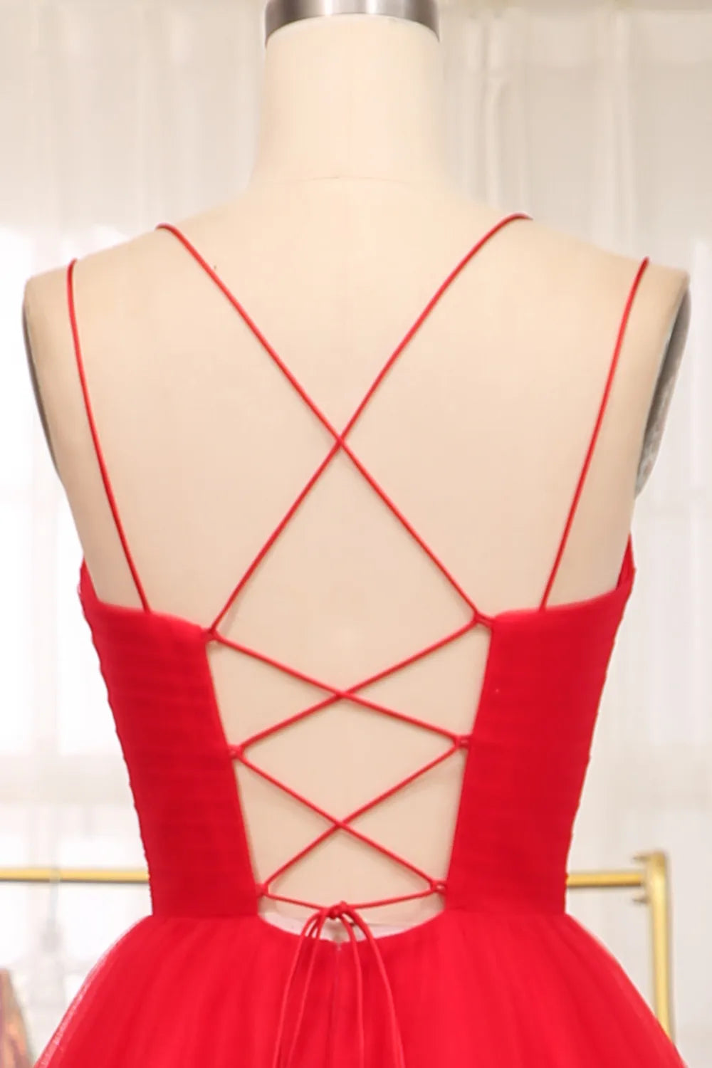 A Line Spaghetti Straps Long Prom Dress with Criss Cross Back