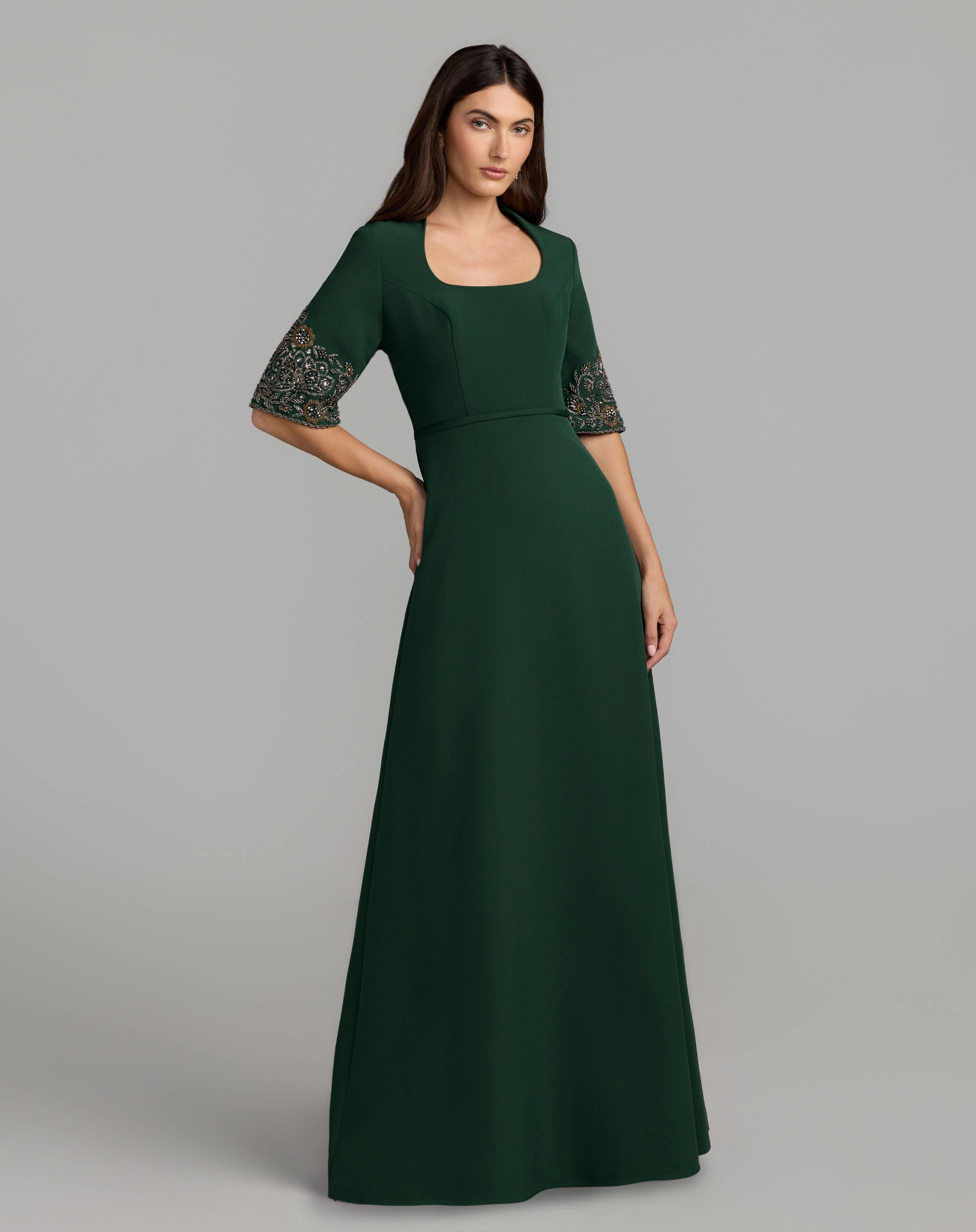 Dark Green Square Neck A-Line Evening Gown With Beaded Embroidery Sleeves