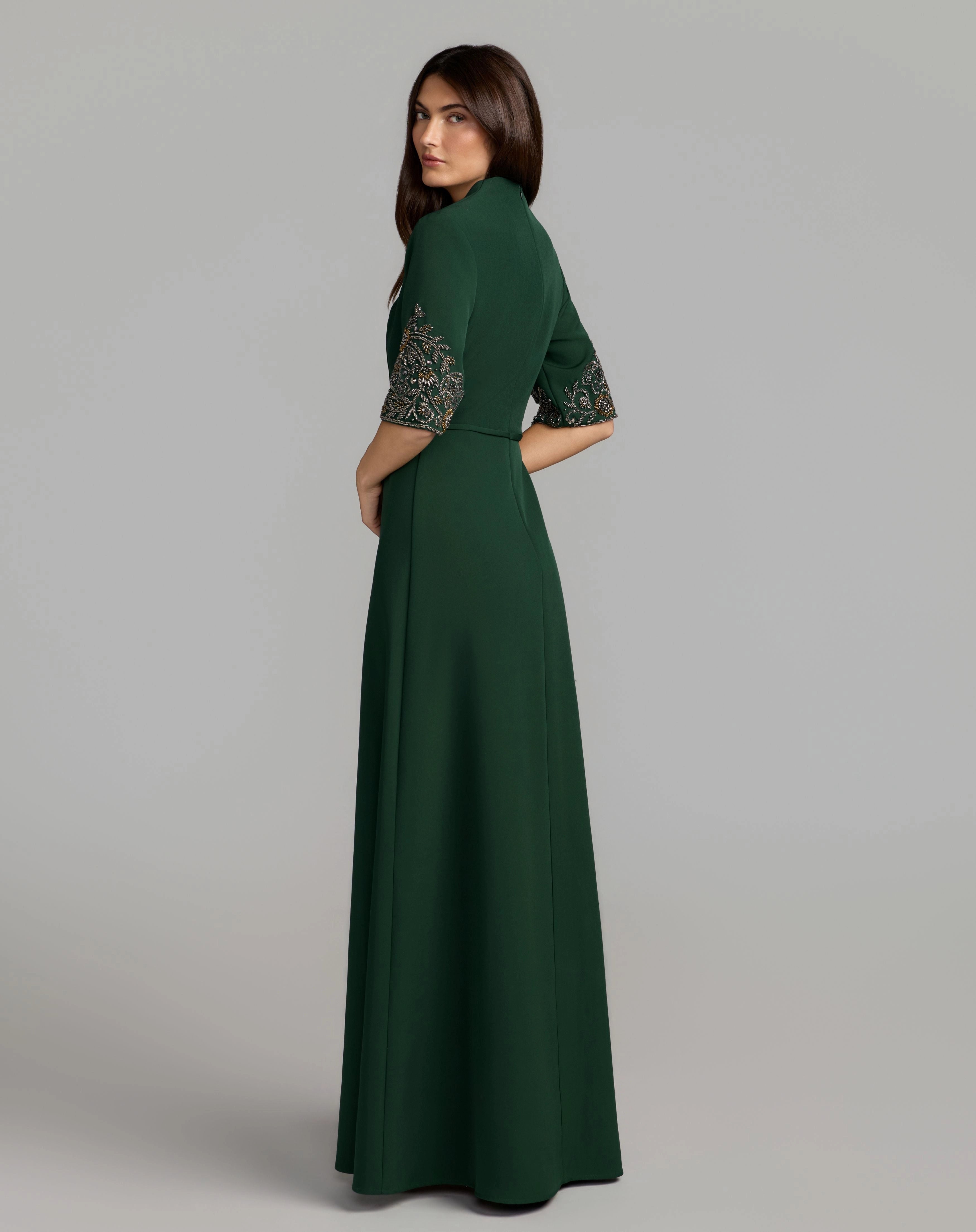 Dark Green Square Neck A-Line Evening Gown With Beaded Embroidery Sleeves