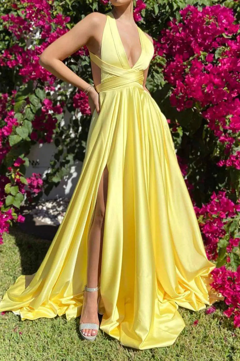 A Line Deep V Neck Long Prom Dress with Criss Cross Back