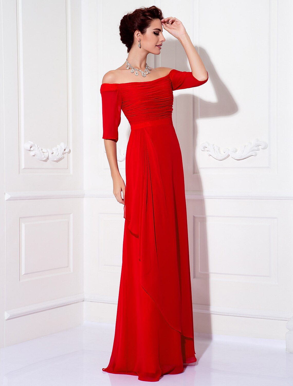 Sheath / Column Minimalist Dress Wedding Guest Sweep / Brush Train Half Sleeve Off Shoulder Chiffon with Ruched Draping