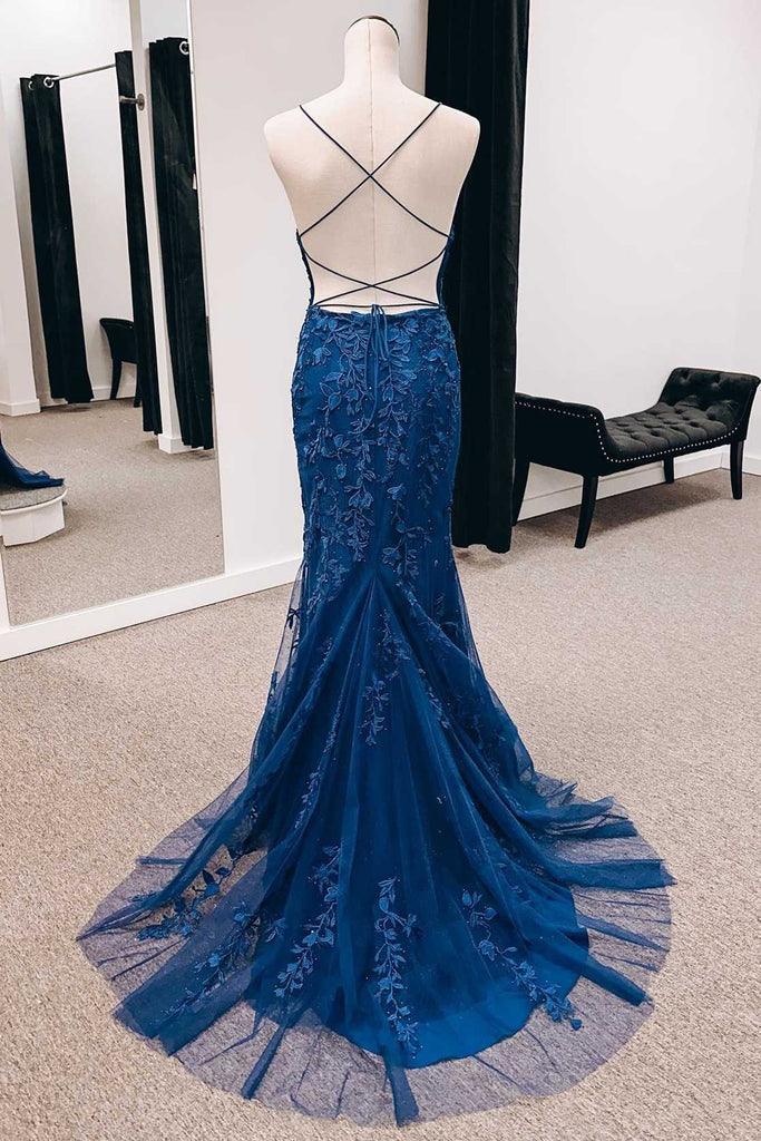 Mermaid Appliques Lace Back Long Prom Dress with Slit