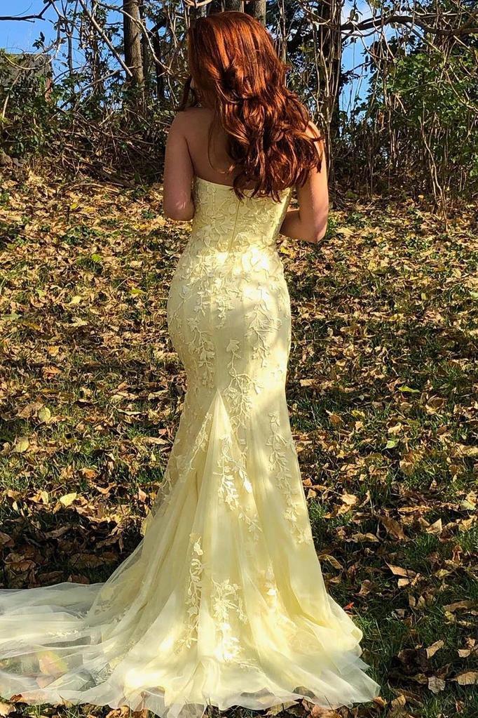 Mermaid Strapless Lace Appliques Yellow evening gown Prom Dresses with Slit