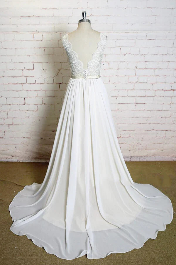 A-line Long V-neck Lace Chiffon Wedding Dress