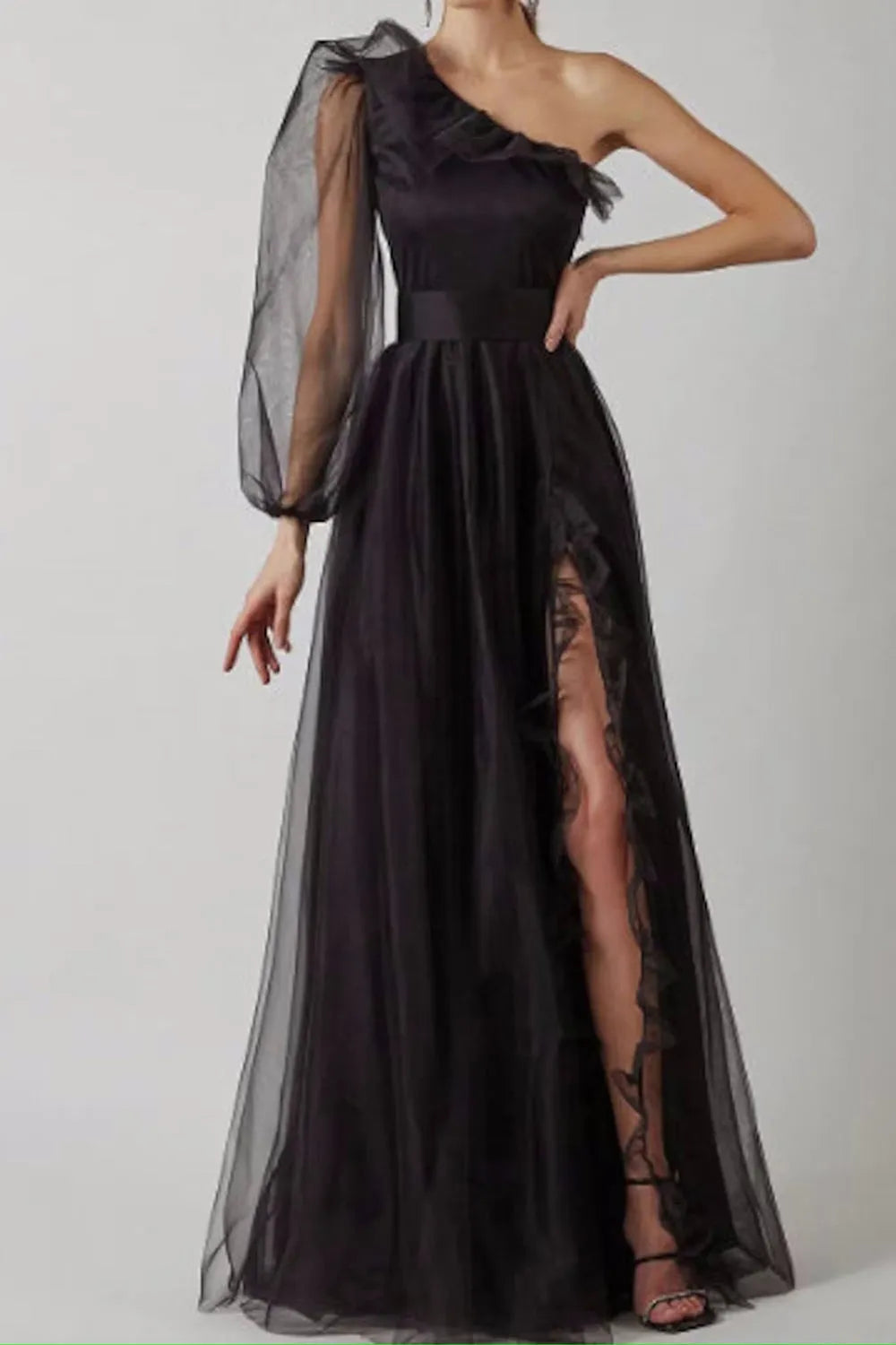 A Line One Shoulder Long Prom Dress with Long Sleeves