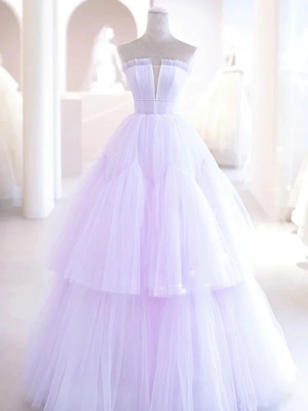 Elegant V Neck Tulle Long Prom Dresses