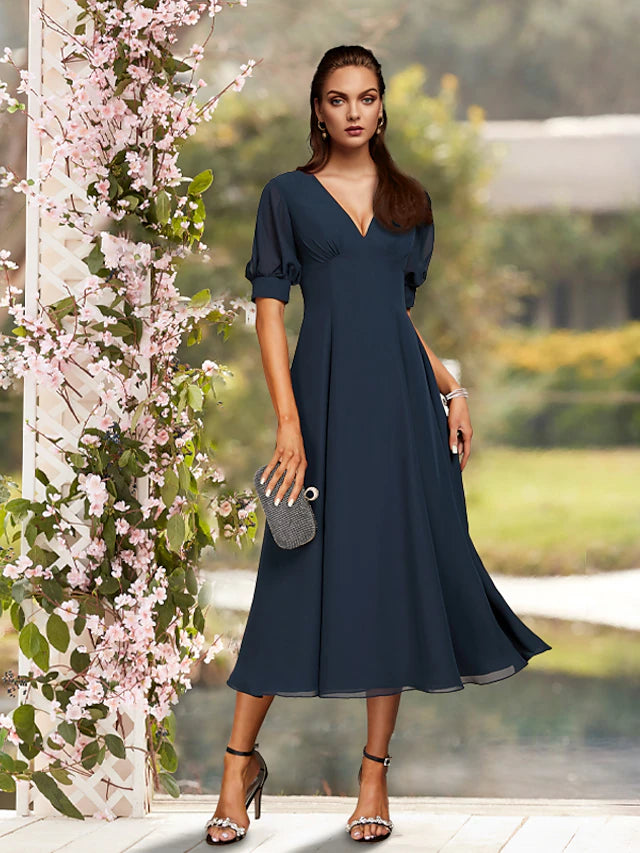 A-Line Mother of the Bride Dress Plus Size Elegant Jewel Neck Tea Length Chiffon Short Sleeve with Pleats Solid Color