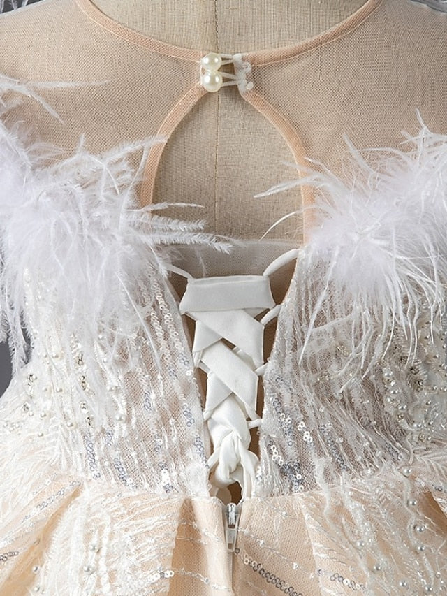 Princess Court Train Flower Girl Dress First Communion Cute Prom Dress Rayon with Faux Pearl Fit 3-16 Years