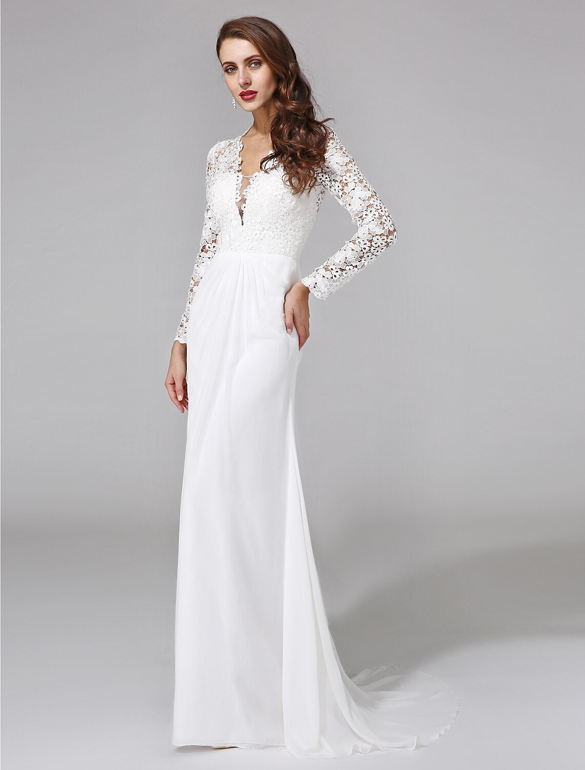 Beach Royal Style Boho Wedding Dresses Sweep / Brush Train Sheath / Column Long Sleeve Illusion Neck Chiffon With Lace Button