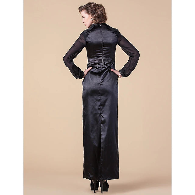 Sheath / Column Mother of the Bride Dress Queen Anne Floor Length Chiffon Stretch Satin Long Sleeve with Sash / Ribbon Beading Side Draping