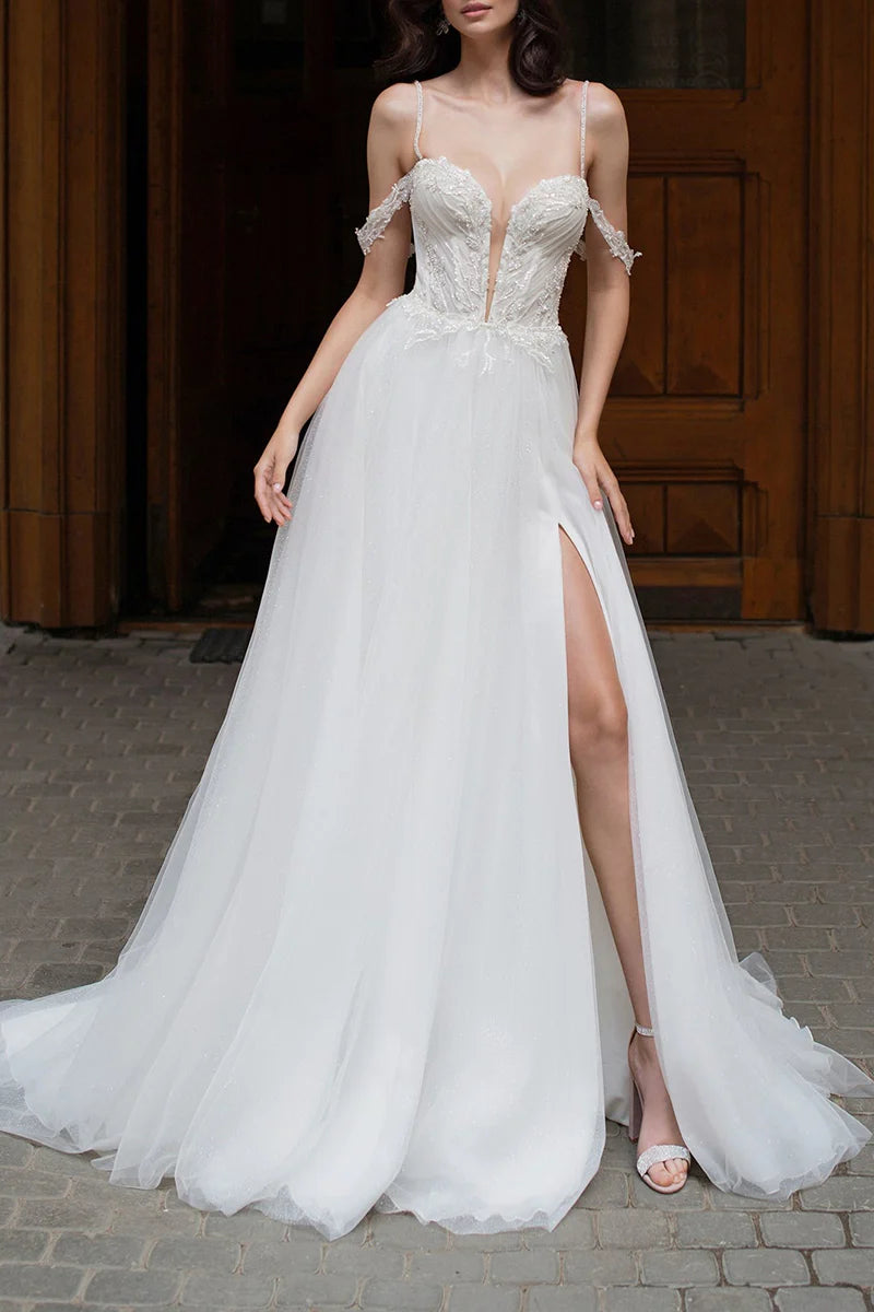 A line Deep V neck Beads Side Slit Wedding Dress
