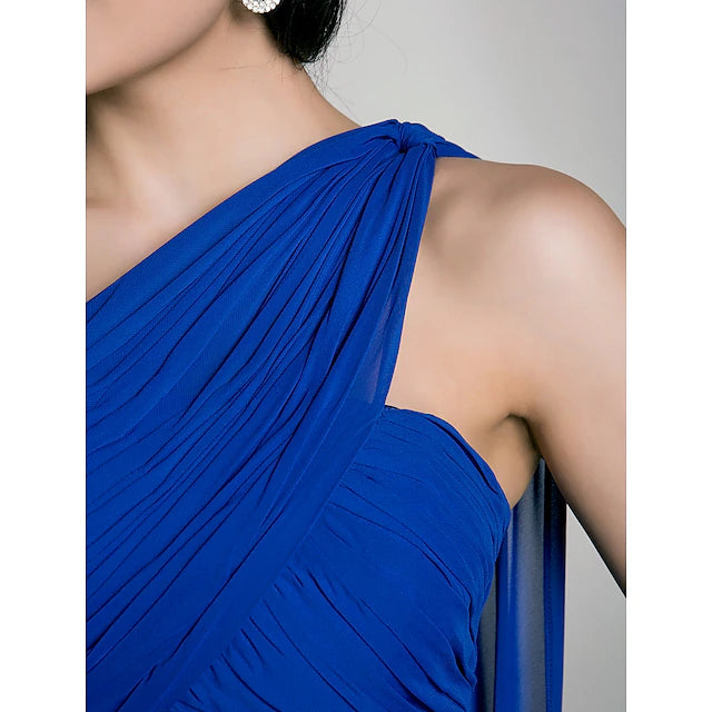 Etuikleid/Spaltenkleid für die Brautjungfer, eine Schulter, ärmellos, für Schwangere, Watteau-Schleppe/bodenlang, Chiffon mit überkreuzten/übereinander liegenden Ärmeln