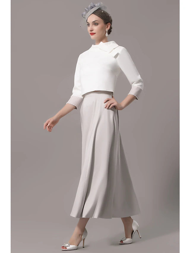 Two Piece Mother of the Bride Dress Church Elegant Jewel Neck Ankle Length Stretch Satin 3/4 Length Sleeve with Bow(s)
