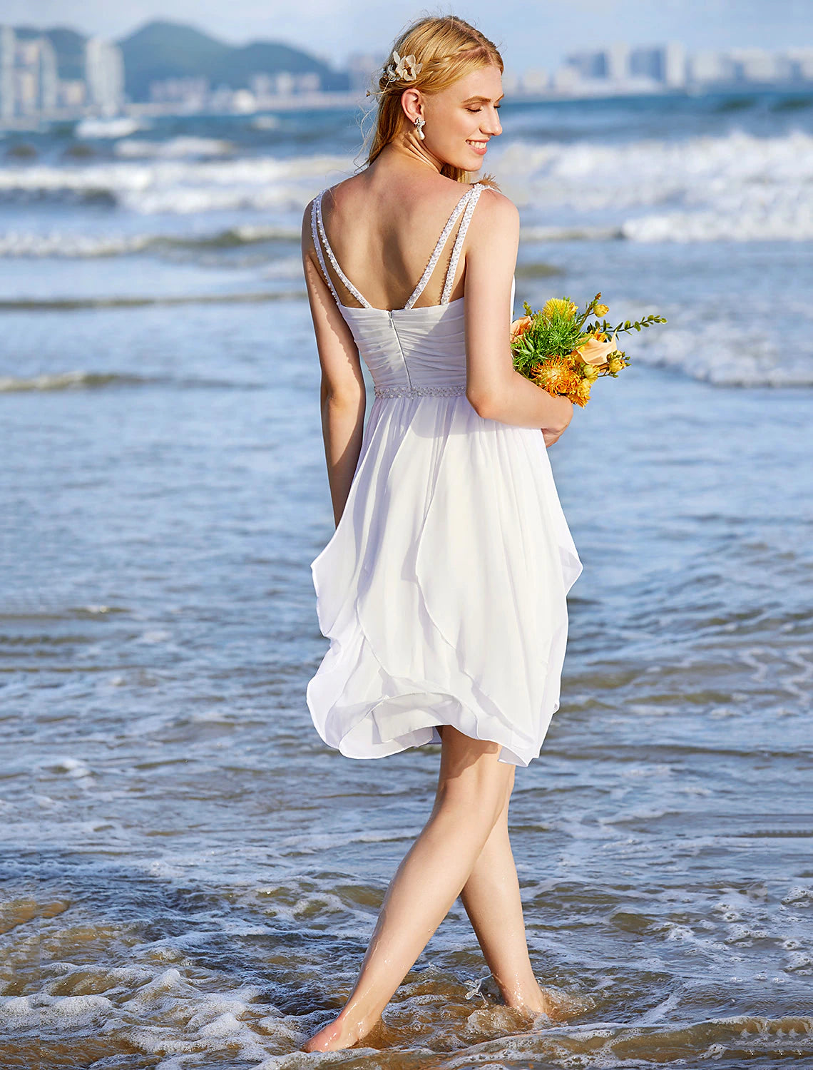 Wedding Dresses A-Line Sweetheart Regular Straps Knee Length Chiffon Bridal Gowns With Sash / Ribbon Ruched