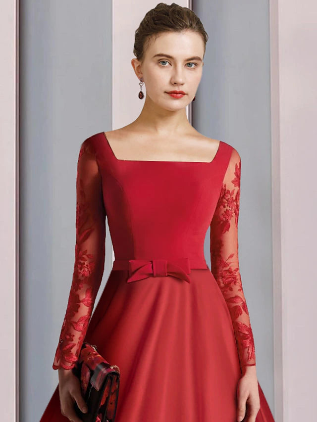 A-Line Mother of the Bride Dress Formal Wedding Guest Vintage Elegant Square Neck Tea Length Satin Lace Stretch Fabric Long Sleeve with Bow(s) Appliques