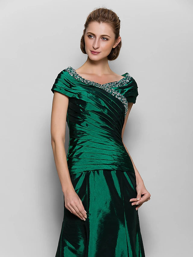 A-Line Mother of the Bride Dress Vintage Inspired V Neck Ankle Length Taffeta Short Sleeve with Beading Side Draping