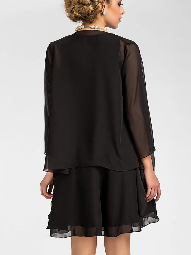 A-Line Mother of the Bride Dress Wrap Included Jewel Neck Knee Length Chiffon 3/4 Length Sleeve with Draping