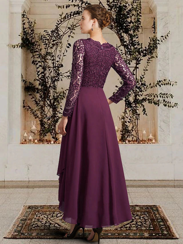 A-Line Mother of the Bride Dress Elegant High Low V Neck Asymmetrical Ankle Length Chiffon Lace Long Sleeve with Pleats