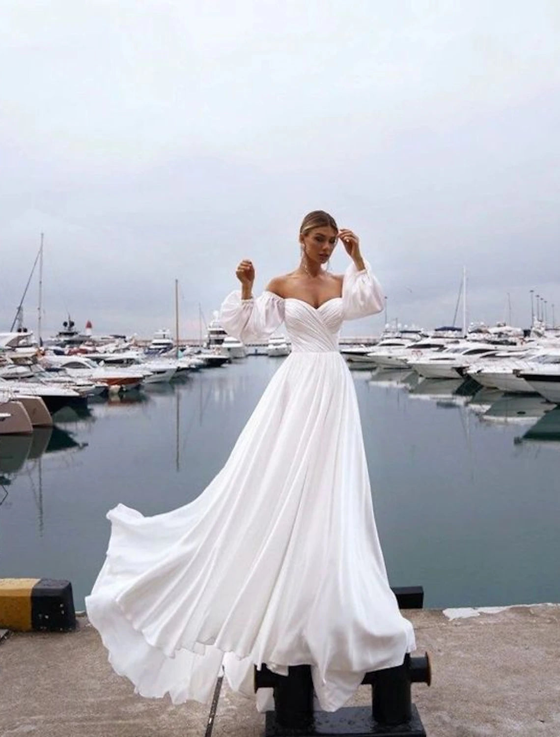 Beach Casual Wedding Dresses A-Line Off Shoulder Long Sleeve Sweep / B – BL Dress