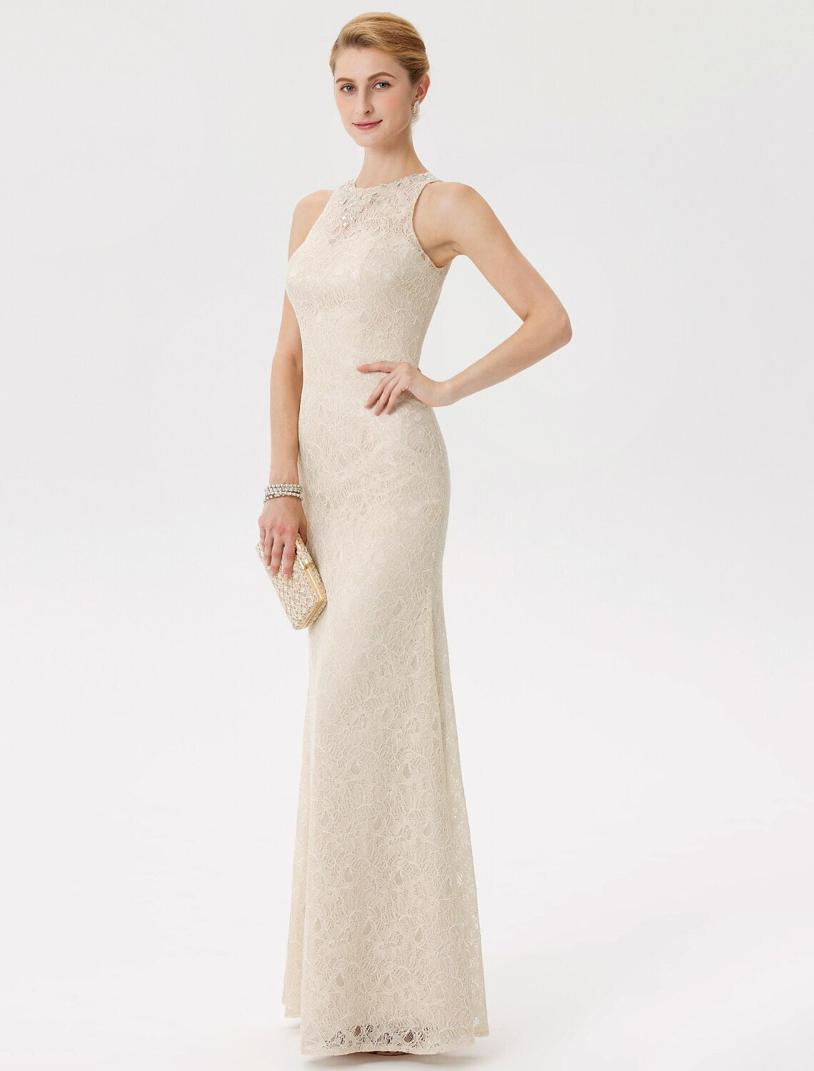 Sheath / Column Mother of the Bride Dress Elegant See Through Illusion Neck Floor Length Lace Sleeveless with Crystals Beading