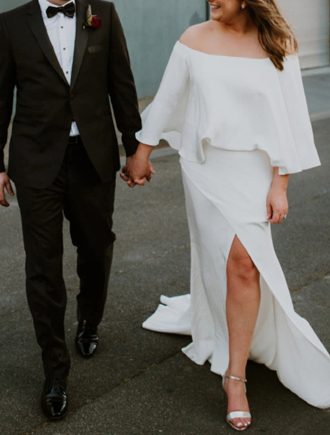 A-Line Plus Size Curve Wedding Dresses Minimalist Dress Party Wear Sweep / Brush Train Half Sleeve Off Shoulder Stretch Fabric with Ruffles Slit