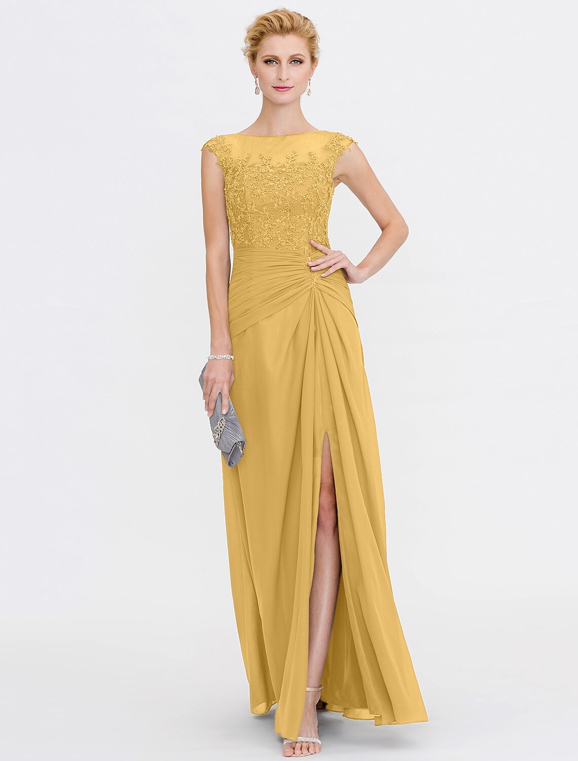 A-Linie Kleid für die Brautmutter, Hochzeitsgast, elegant, durchsichtig, Bateau-Ausschnitt, bodenlang, Chiffon, Spitze, ärmellos, mit seitlicher Drapierung