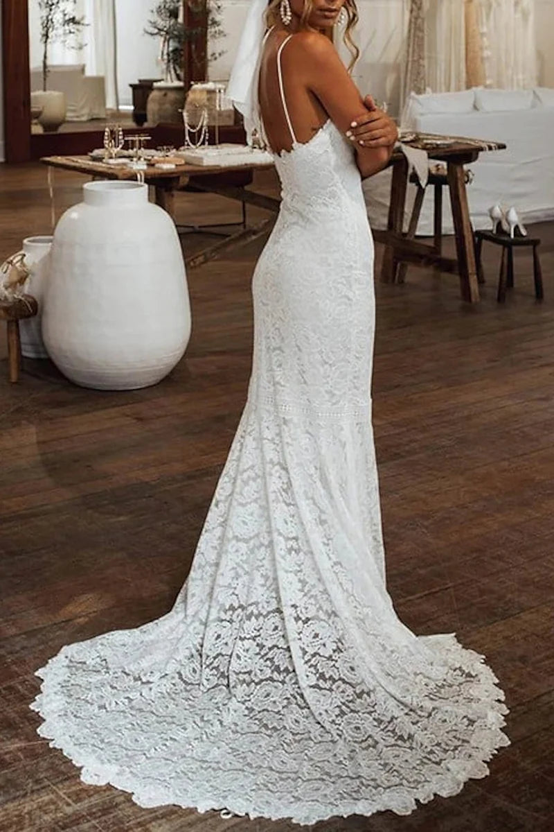 Mermaid/Trumpet Beach Boho Spaghetti Straps Lace Wedding Dress