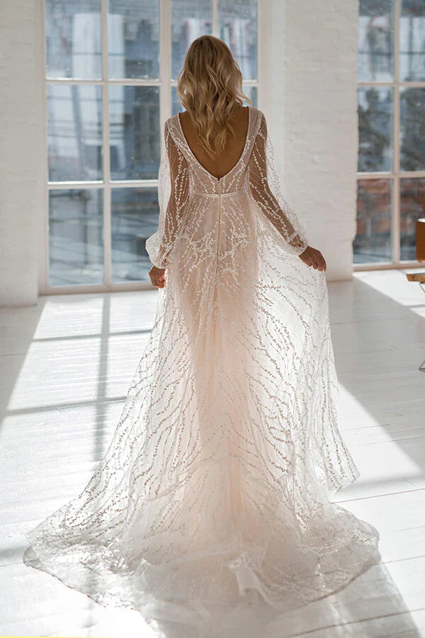 A-line V-neck Court Train Tulle Long Wedding Dress with Sleeves