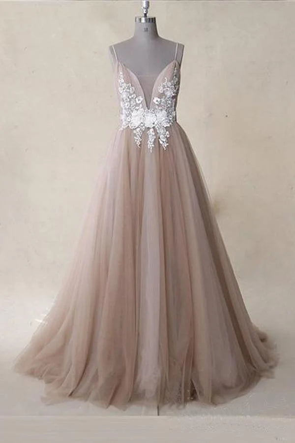 A Line Straps Appliques Tulle V Neck Long Prom Dress