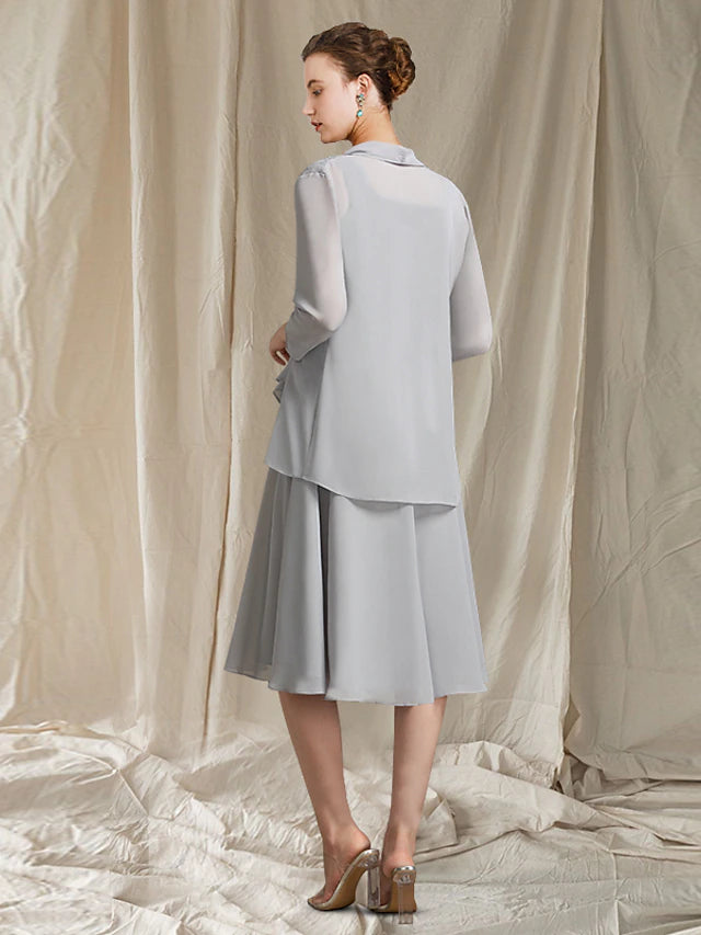 Two Piece A-Line Mother of the Bride Dress Church Elegant Jewel Neck Knee Length Chiffon Lace Sleeveless Wrap Included with Appliques