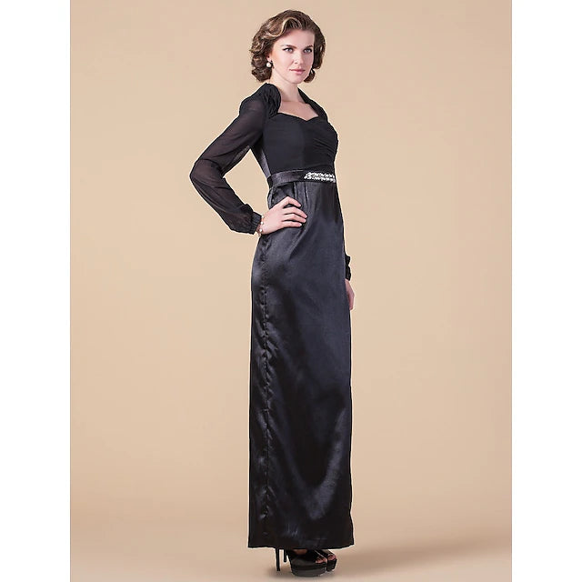Sheath / Column Mother of the Bride Dress Queen Anne Floor Length Chiffon Stretch Satin Long Sleeve with Sash / Ribbon Beading Side Draping
