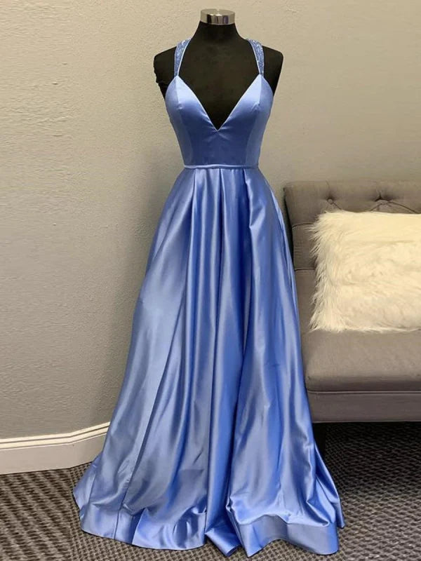 A Line V Neck Backless Long Prom Dresses