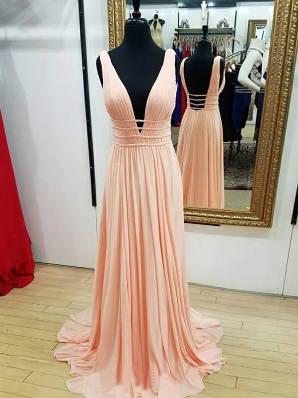 A Line V Neck Backless Pleated Chiffon Long Prom Dresses