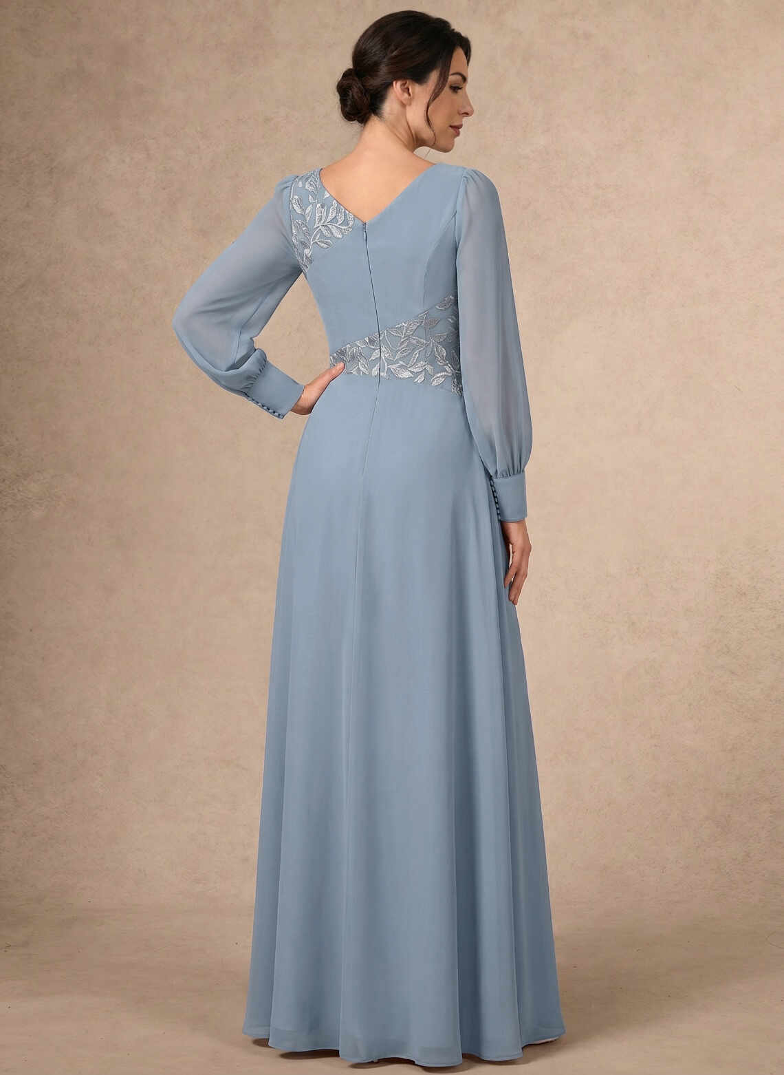 Dusty Blue Chiffon A-line V Neck Bishop Sleeve V Back Embroidery Floor Mother of the Bride Dress
