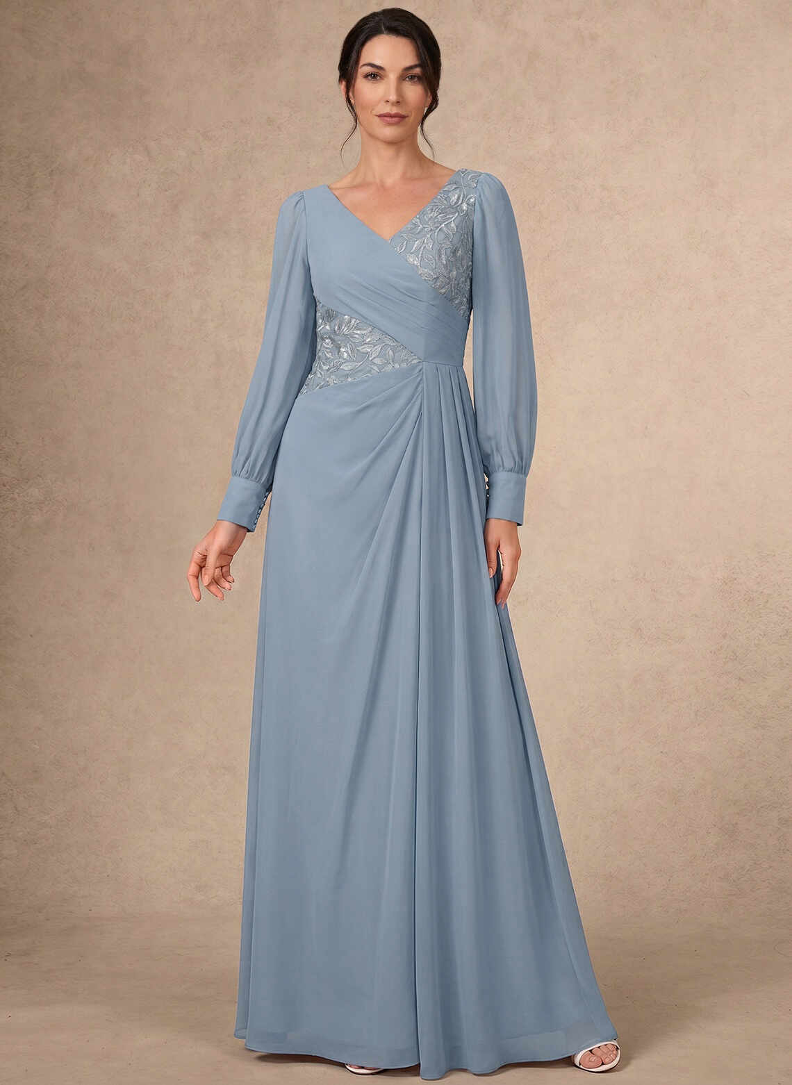 Dusty Blue Chiffon A-line V Neck Bishop Sleeve V Back Embroidery Floor Mother of the Bride Dress