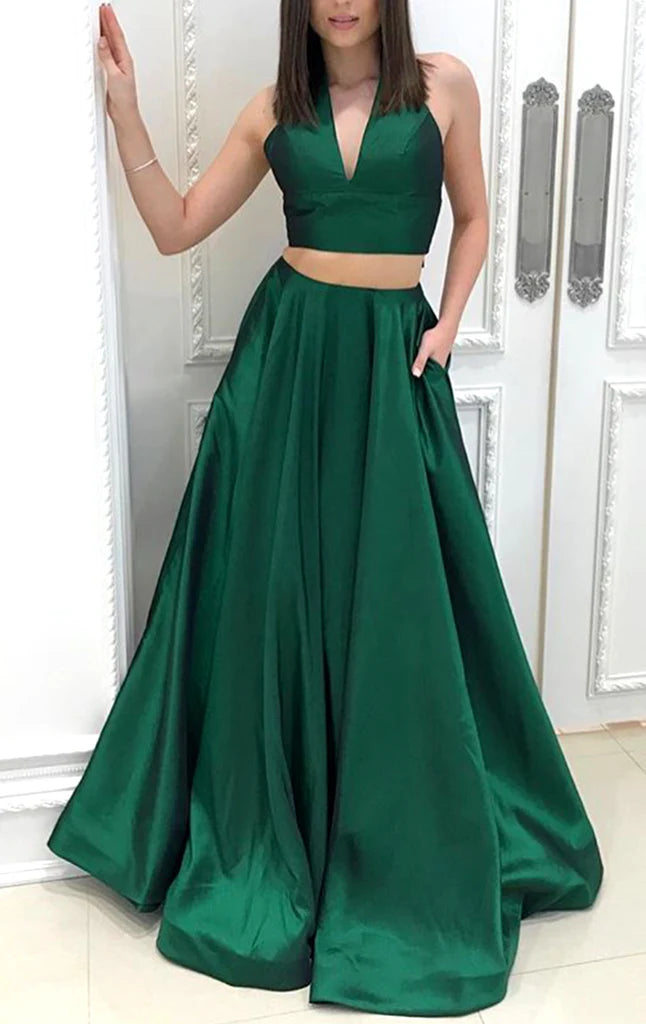 Halter V Neck Two Piece Prom Dress
