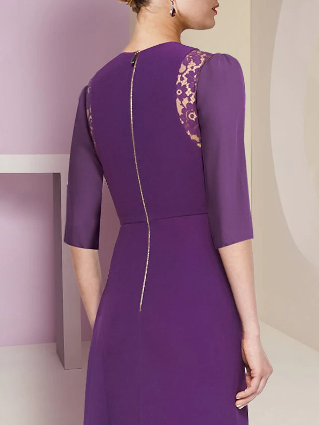 A-Line Mother of the Bride Dress Formal Elegant Scoop Neck Sweep / Brush Train Lace Stretch Fabric Half Sleeve with Pleats