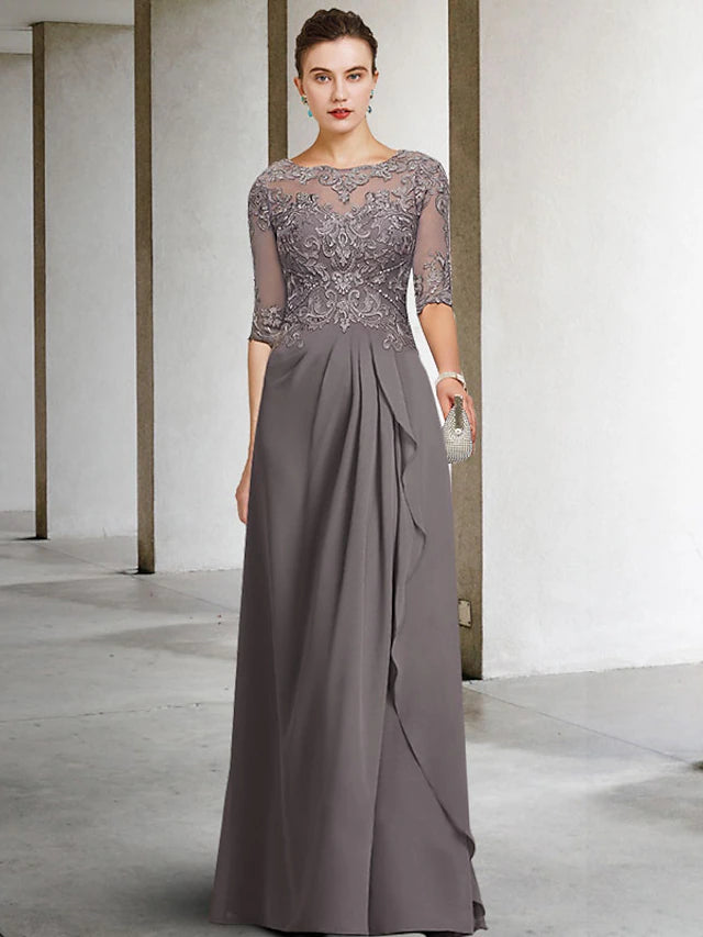 A-Line Mother of the Bride Dress Plus Size Elegant Jewel Neck Floor Length Chiffon Lace Half Sleeve with Pleats Beading Appliques