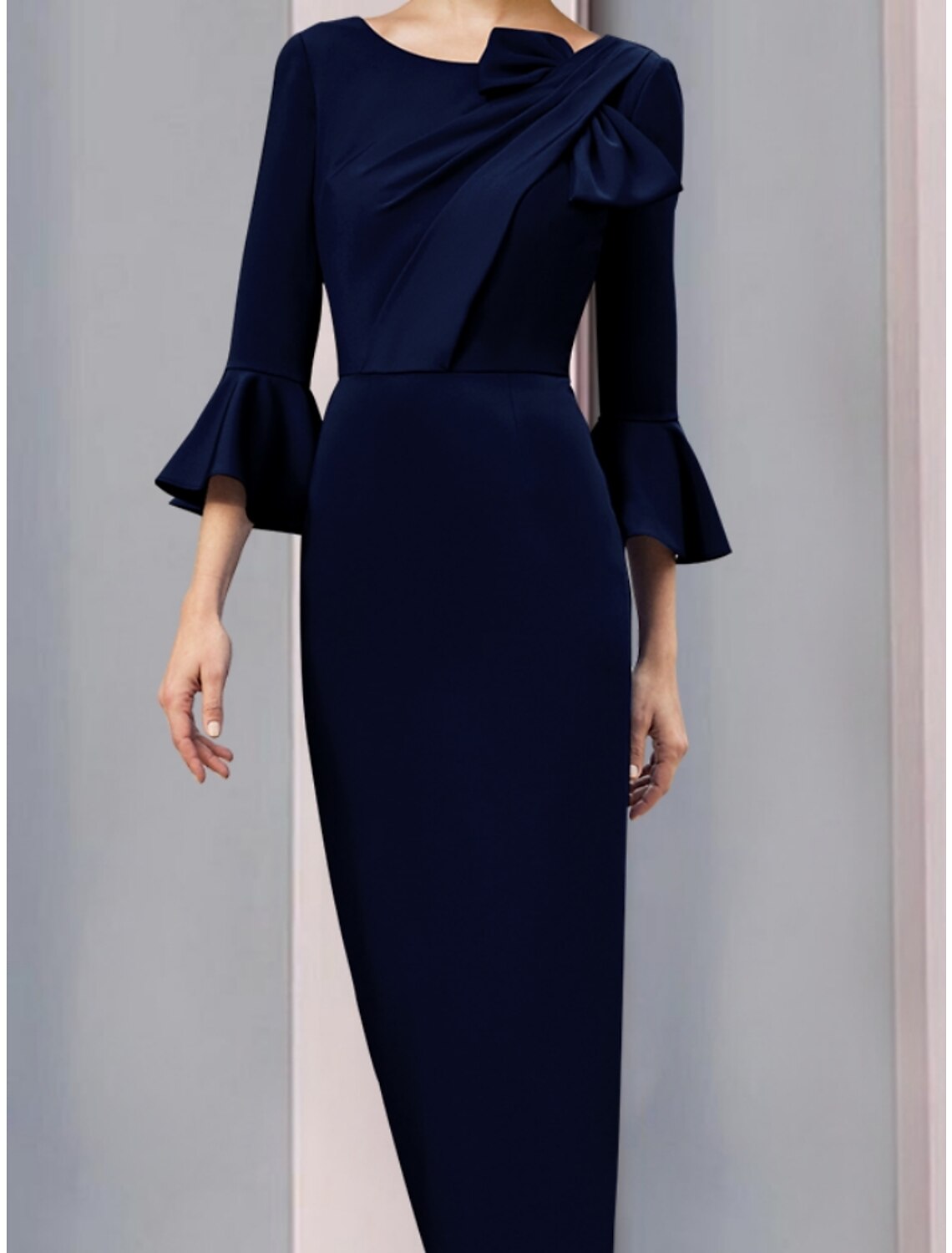 A-Line Mother of the Bride Dress Wedding Guest Elegant Scoop Neck Ankle Length 3/4 Length Sleeve with Bow(s) Ruching Solid Color