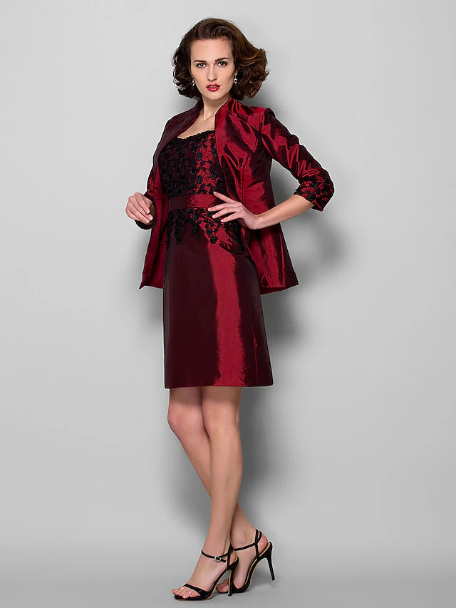 Sheath / Column Mother of the Bride Dress Wrap Included Scoop Neck Knee Length Taffeta 3/4 Length Sleeve with Lace Sash / Ribbon