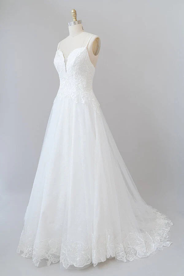 A-line Spaghetti Strap Applique Tulle Backless Long Wedding Dress