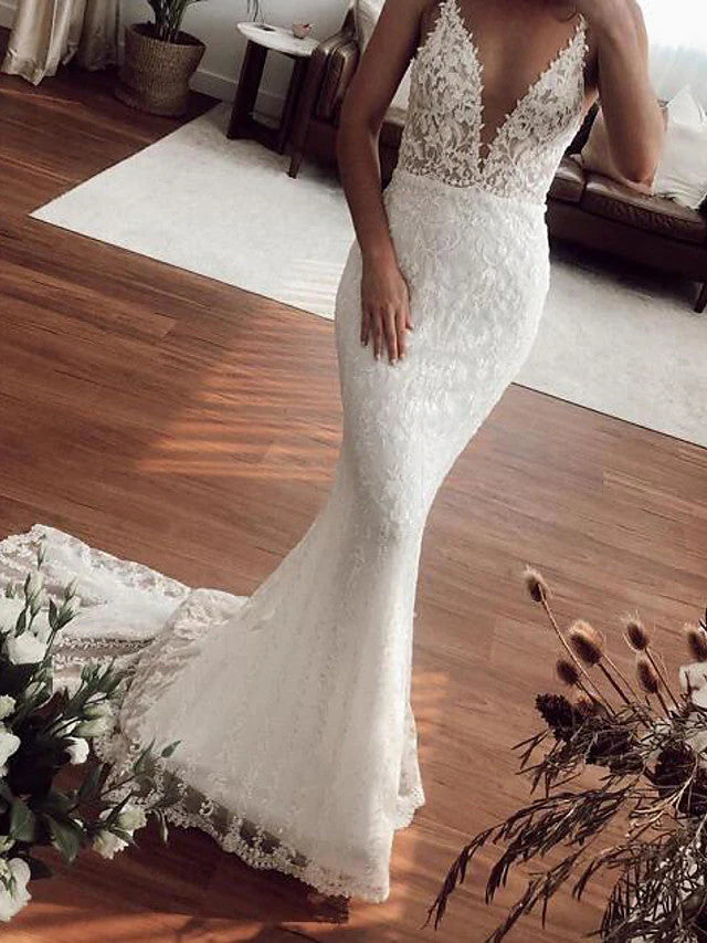 Mermaid V-neck Lace Tulle Sexy Long Wedding Dresses