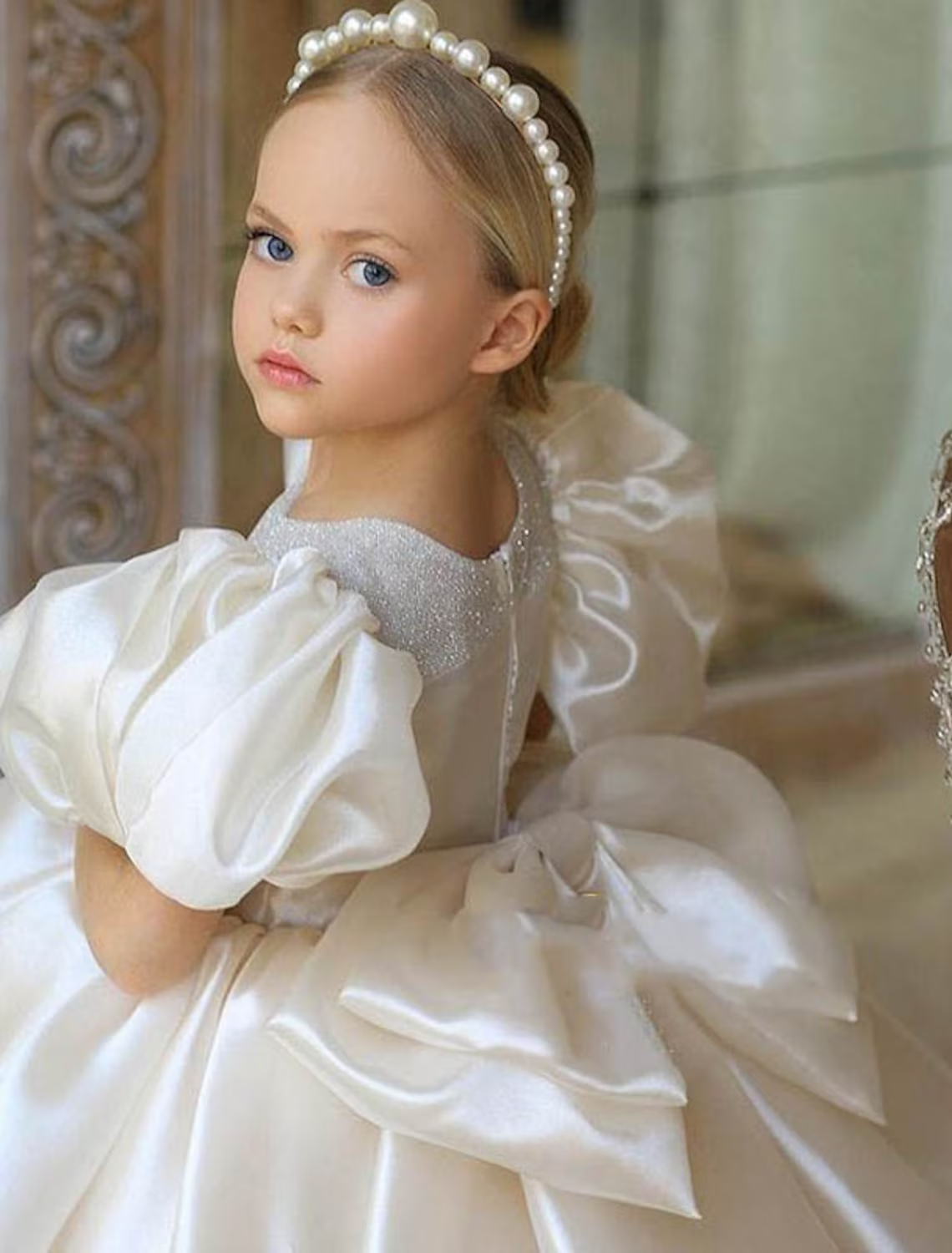 Kids Girls' Puff Sleeve Bow Dress Sequin Solid Colored A Line Dress Special Occasion Birthday Bow White Cotton Knee-length Short Sleeve Cute Princess Dresses Summer Regular Fit 2-8 Years