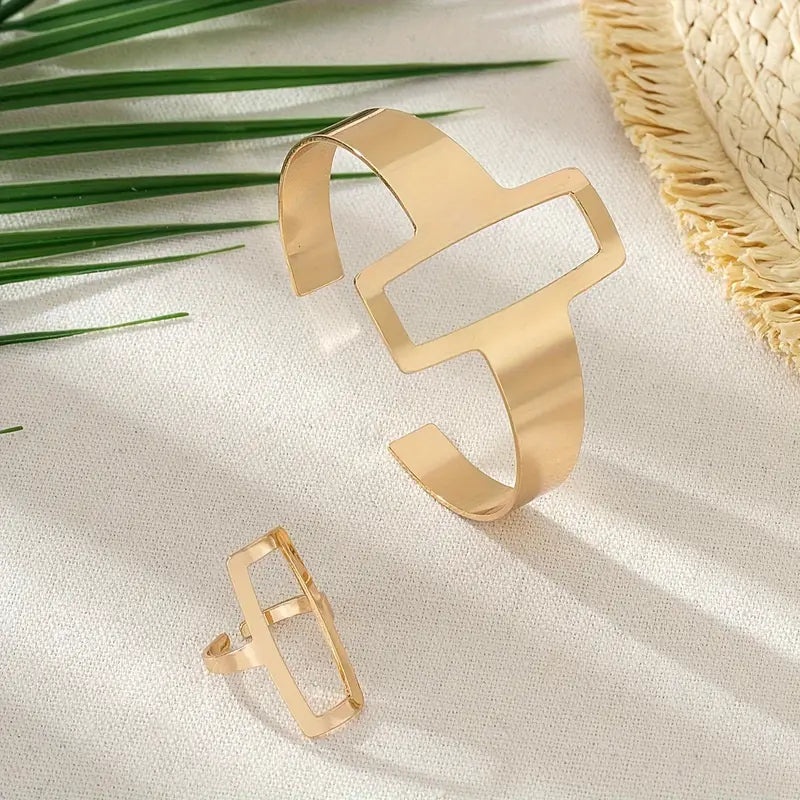 Geometric Square Jewelry Set - Delicate Hollowed Out Ring & Stackable Bracelet - Timeless Mothers Day Gift for Her - Adjustable & Minimalist Design