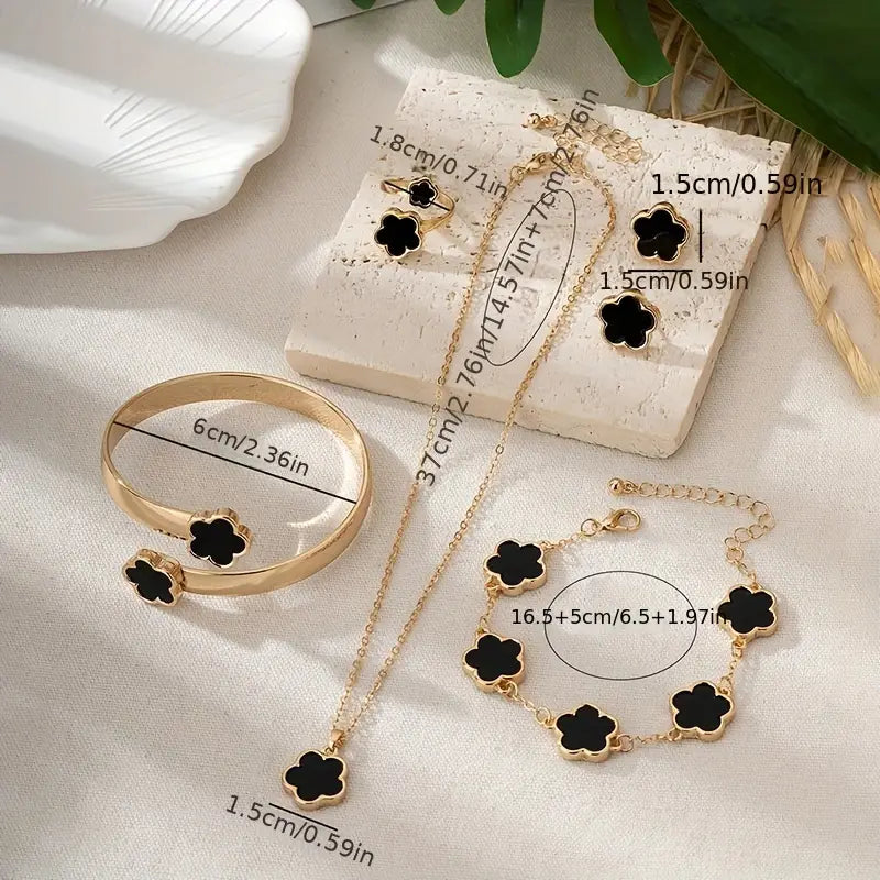 Flower Jewelry Set - Sparkling Earrings, Necklace, Bracelet, Bangle &amp; Ring - Fashion-Forward Alloy Ensemble for Women