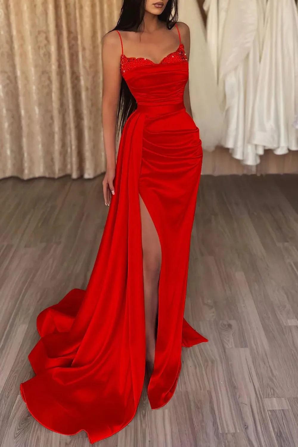 Mermaid Spaghetti Straps Long Prom Dress with Split Front